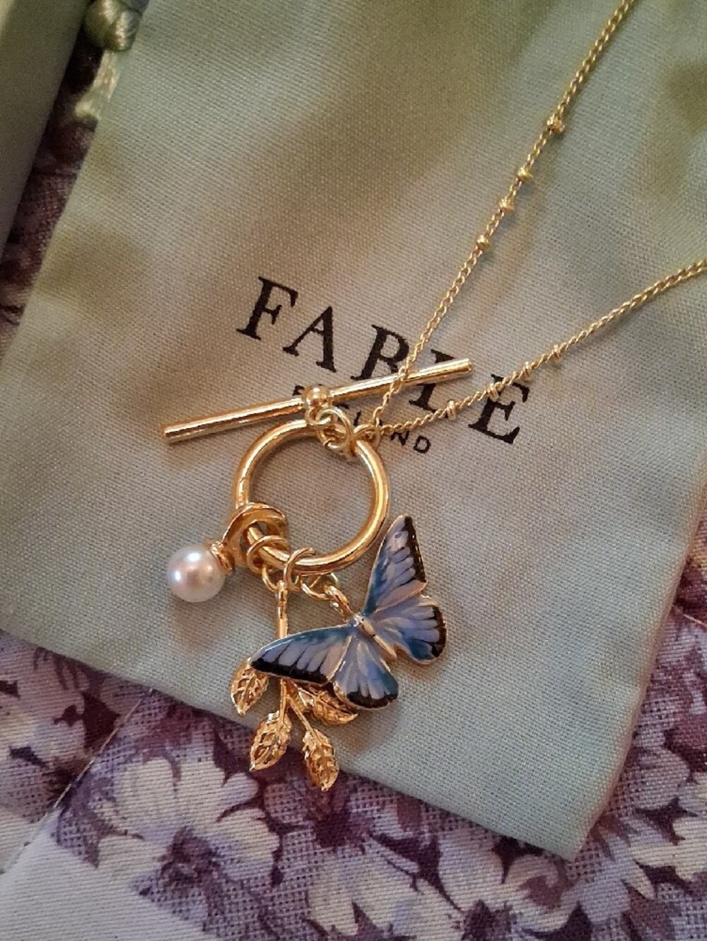 Fable England Gold Butterfly & Pearl Charm Toggle Necklace. Like New